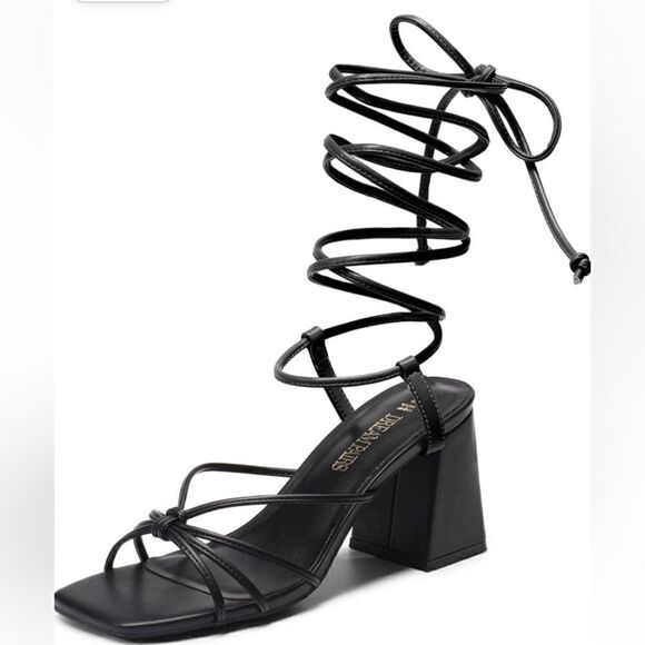 DREAM PAIRS Lace Up Wrap Strappy Block High Heel Square Open Toe Chunky Sandal - Picture 2 of 12